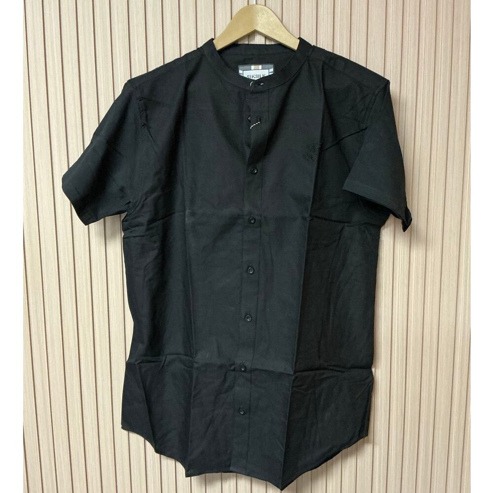 SikSilk Grandad Collar Jersey Sleeve Fitted Shirt Black Size XL NWT %100 Cotton